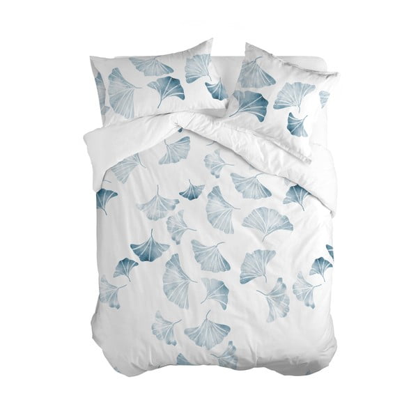 Бяла и синя памучна завивка за единично легло 140x200 cm Ginkgo - Blanc