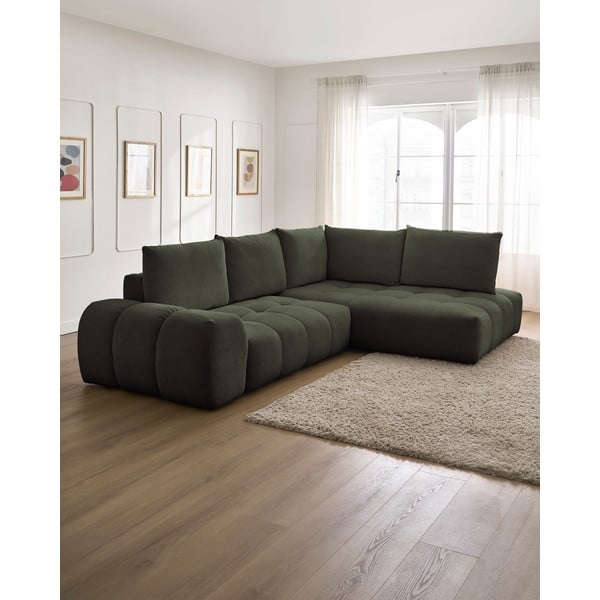 Зелен шенилов сгъваем/с място за съхранение ъглов диван (десен ъгъл/L форма) Everest – Bobochic Paris-image-1