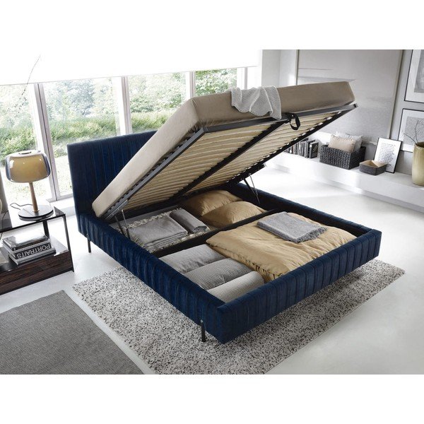 Тъмносиньо двойно тапицирано легло с място за съхранение и включена подматрачна рамка 140x200 cm Plissa – ELTAP-image-2