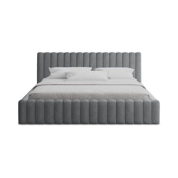 Сиво двойно легло 140x200 cm тапицирано с място за съхранение с включена подматрачна рамка Lemi – Makamii-image-4