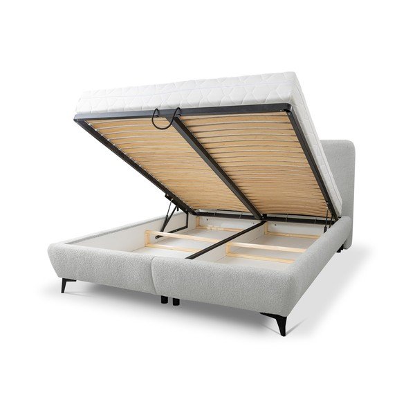 Светлосиво двойно тапицирано легло с място за съхранение и включена подматрачна рамка 180x200 cm Makapu – Makamii-image-1