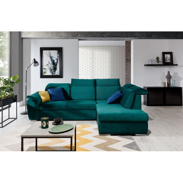 Зелен кадифен разтегателен ъглов диван с място за съхранение (десен ъгъл L форма) Loreto – ELTAP-image-1