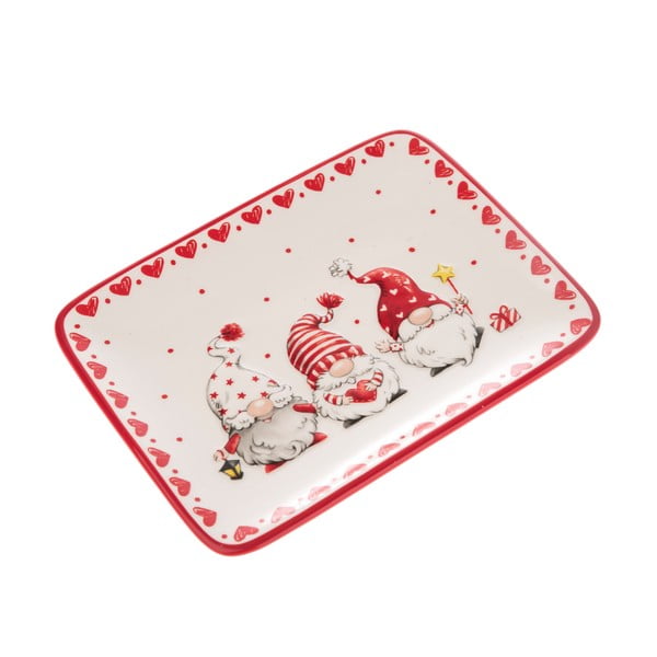 Červeno-bílý keramický servírovací talíř s motivem trpaslíků Dakls