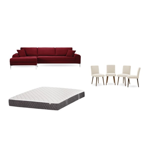 Комплект от червен диван с ляв фотьойл, 4 кремави стола и матрак 160 x 200 cm - Home Essentials