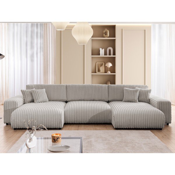 Светлосив  разтегателен ъглов диван с място за съхранение от рипсено кадифе (U форма) Sarina – Ropez-image-1