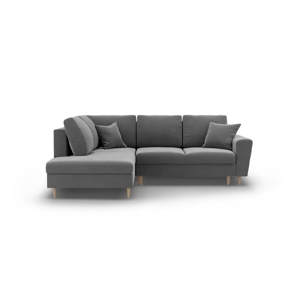 Светлосив кадифен разтегателен ъглов диван с място за съхранение (ляв ъгъл/L форма) Kyoto – Cosmopolitan Design