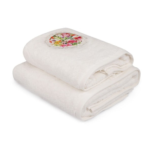 Комплект от бяла кърпа и бяла кърпа за баня с цветни детайли Jardin - Foutastic