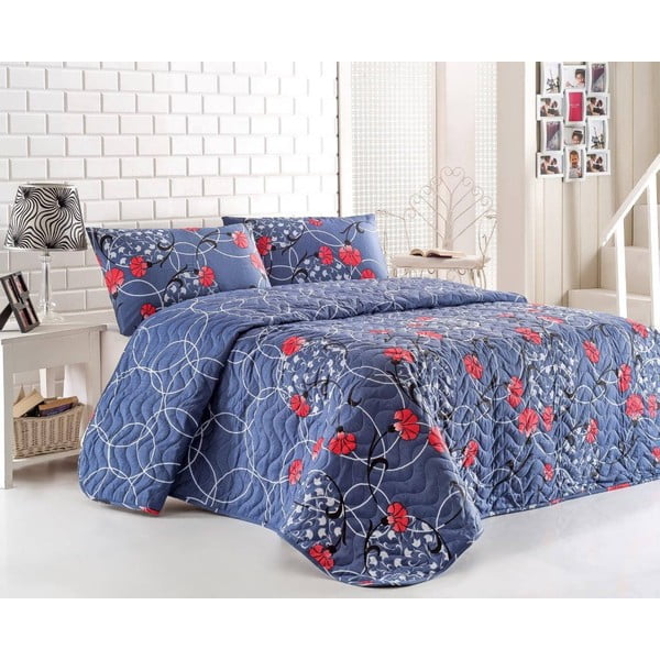 Sada prošívaného přehozu přes postel a dvou polštářů Blue Red, 200x220 cm