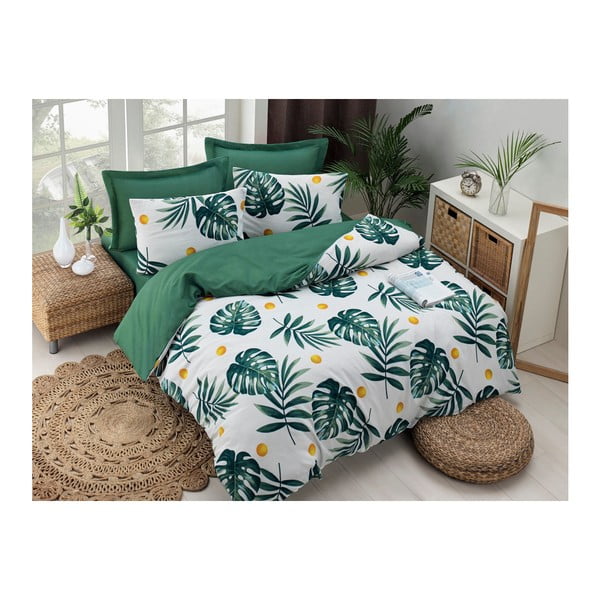 Спално бельо с чаршаф от памучна смес за двойно легло Зелено, 200 x 220 cm Monstera - Unknown