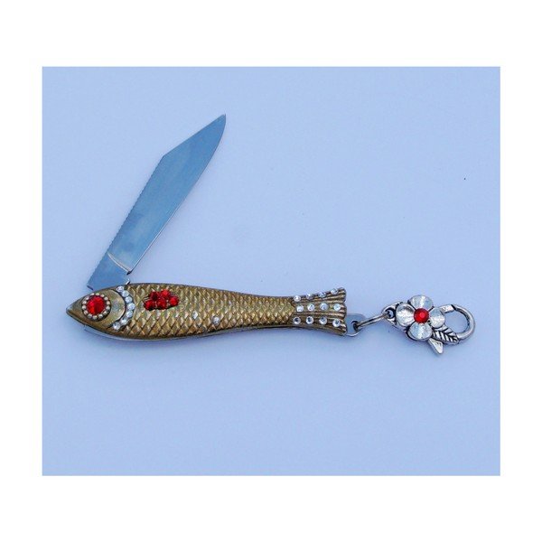 Český nožík rybička Červenobílá s krystaly a karabinkou, zlatá-image-1