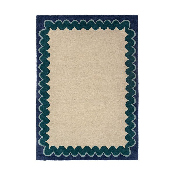 Ръчно изработен вълнен килим в естествен цвят/тюркоазен 200x290 cm Wiggle Wool – Flair Rugs