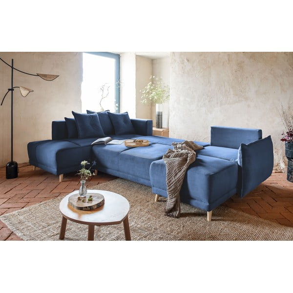 Тъмносин ъглов разтегателен диван от велур (ляв ъгъл/"U") Lazy Lukka - Miuform-image-4