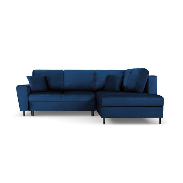 Син кадифен разтегателен ъглов диван с място за съхранение (десен ъгъл/L форма) Kyoto – Cosmopolitan Design