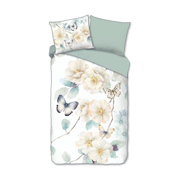 Бяло-зелено единично удължено спално бельо от памучен сатен 140x220 cm Adiwanya – Descanso