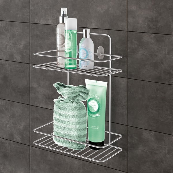 Висящ стоманен рафт за баня без пробиване в блестящо сребрист цвят Luxy – Metaltex-image-1