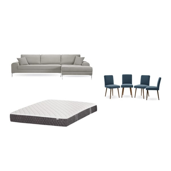 Комплект от светлосив диван с мързелив диван вдясно, 4 сини стола и матрак 160 x 200 cm - Home Essentials