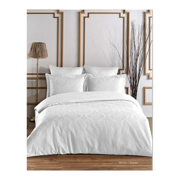 Бяло памучно сатенено спално бельо с чаршаф за двойно легло, 200 x 220 cm Damask - Unknown
