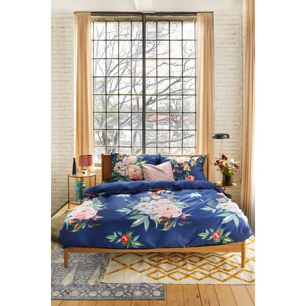 Морско синьо памучно спално бельо от сатен за двойно легло 200 x 200 cm Floret - Bonami Selection-image-1