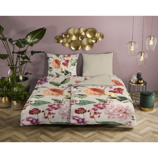 Бежово памучно спално бельо от сатен за единично легло 140x200 cm - Descanso-image-1