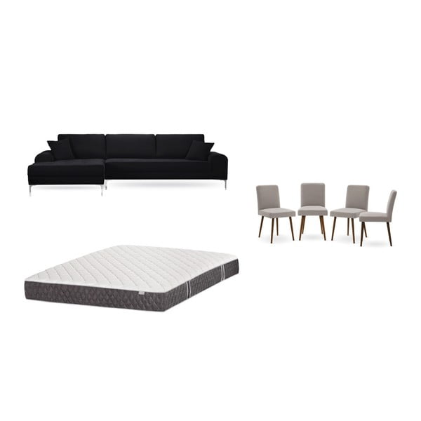 Комплект от черен диван с шезлонг отляво, 4 сиво-бежови стола и матрак 160 x 200 cm - Home Essentials