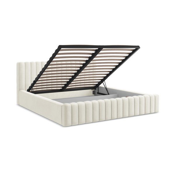 Кремаво двойно легло 160x200 cm тапицирано с място за съхранение с включена подматрачна рамка Lemi – Makamii-image-3