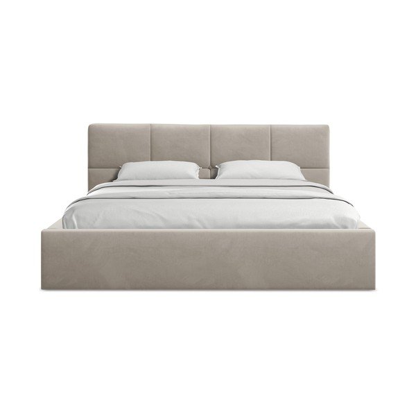 Кафяво-сиво кадифено двойно легло 140x200 cm тапицирано с място за съхранение и включена подматрачна рамка Hiko – Makamii-image-3