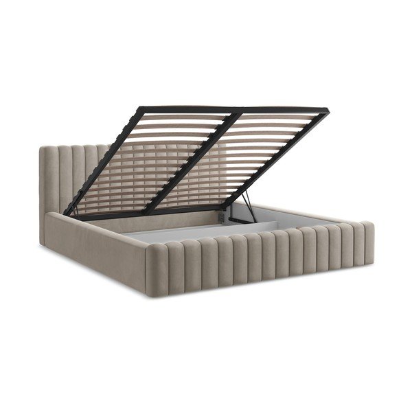 Кафяво-сиво двойно легло 160x200 cm тапицирано с място за съхранение с включена подматрачна рамка Lemi – Makamii-image-3