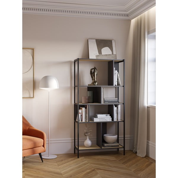 Етажерка за книги в дъбов декор в черно и натурално 88x175 cm Alabama - Marckeric-image-1