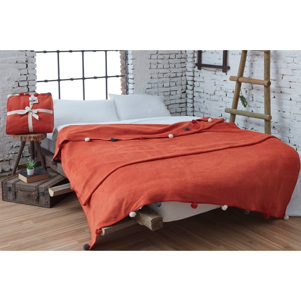Покривало за легло от флийс в тухлен цвят 150x200 cm Pom Pom – Mijolnir-image-1
