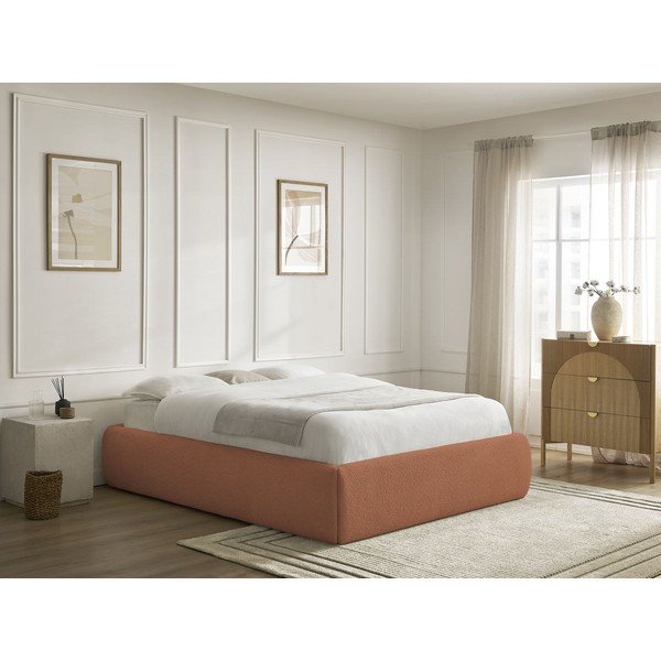 Оранжево тапицирано двойно легло без табла с място за съхранение и включена подматрачна рамка 160x200 cm Inera – Bobochic Paris-image-1