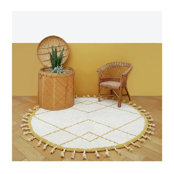 Бяло и жълто памучно килимче, ръчна изработка, ø 120 cm Come - Nattiot-image-2