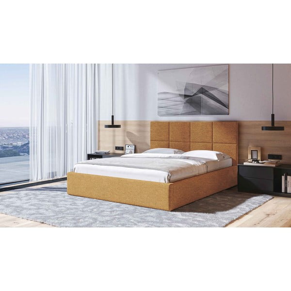 Тапицирано двойно легло с място за съхранение с включена подматрачна рамка в цвят жълта охра 180x200 cm Bufo – MESONICA-image-1