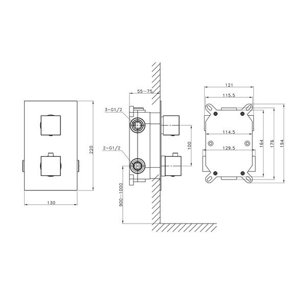 Вградена душ батерия в лъскаво-сребрист цвят (3 изхода) Latus – Sapho-image-3