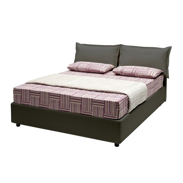 Šedá dvoulůžková postel s úložným prostorem, matrací a potahem z koženky 13Casa Rose, 160 x 190 cm