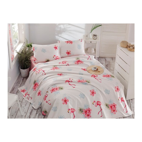 Комплект от памучна покривка за легло, чаршаф и 2 калъфки за възглавници Flamenco Cream, 200 x 235 cm - Unknown