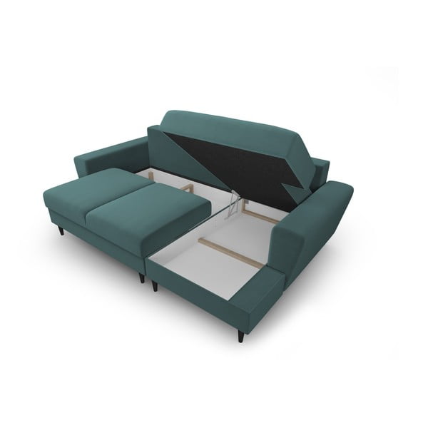 Кадифен разтегателен ъглов диван с място за съхранение в петролен цвят (десен ъгъл) Kyoto – Cosmopolitan Design-image-3