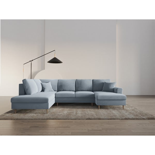 Светлосин кадифен разтегателен ъглов диван с място за съхранение (ляв ъгъл/U форма) Kyoto – Cosmopolitan Design-image-2