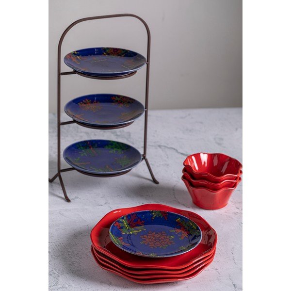 Комплект от 4 десертни чинии от синьо-червен фаянс, ø 21,6 cm Snowflake - Casafina-image-1