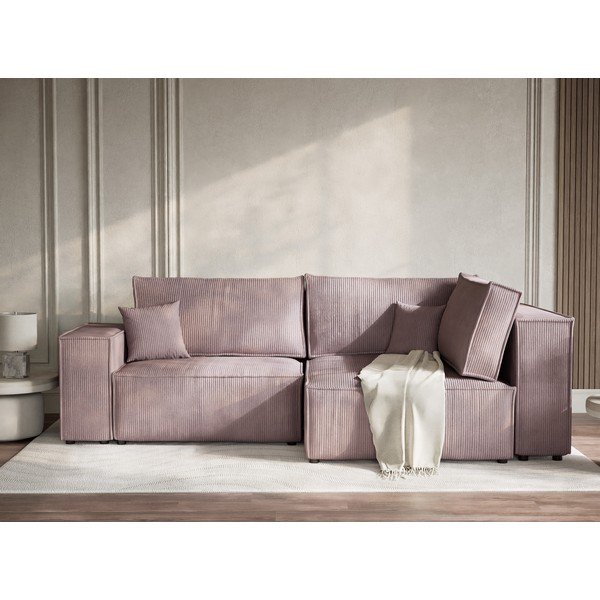 Лилав сгъваем/с място за съхранение ъглов диван от рипсено кадифе (десен ъгъл/L форма) Tonga – Maison de Rêve-image-1