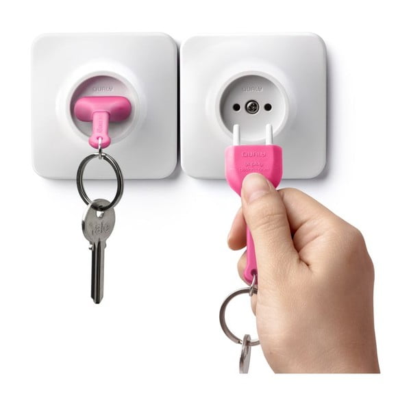 Bílý věšáček na klíče s růžovou klíčenkou Qualy Unplug