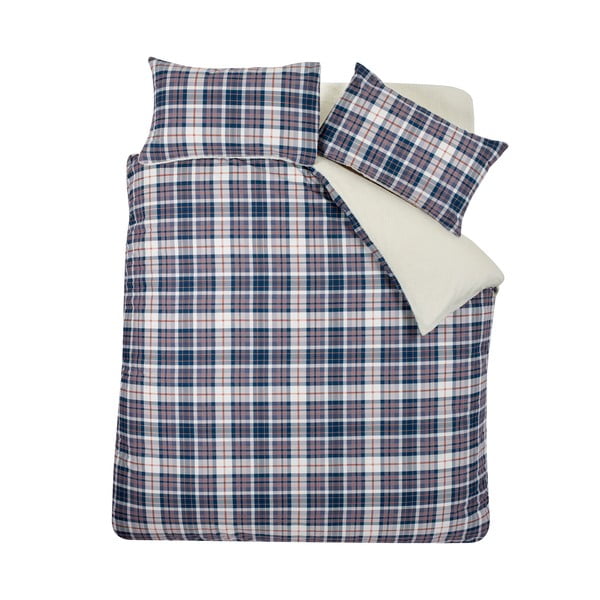 Синьо -бежово двойно  спално бельо от шерпа 200x200 cm Cosy Sherpa Check – Catherine Lansfield