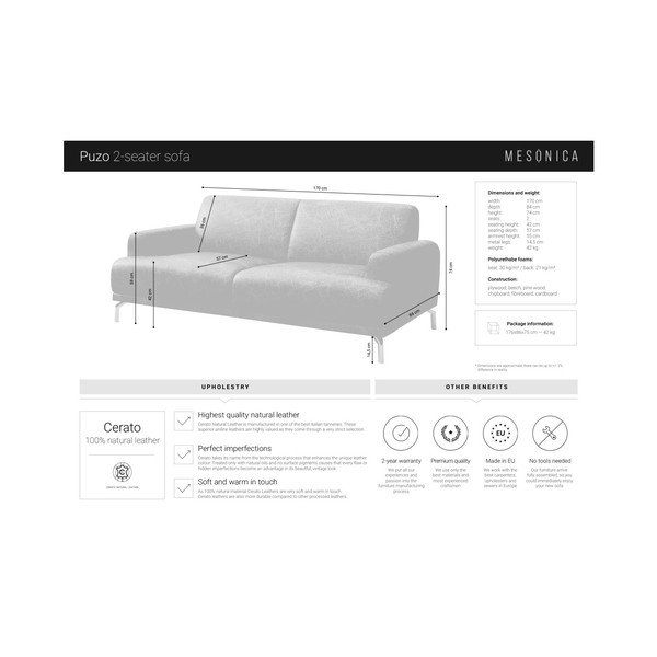 Коняк кафяв кожен диван , 170 см Puzo - MESONICA-image-4