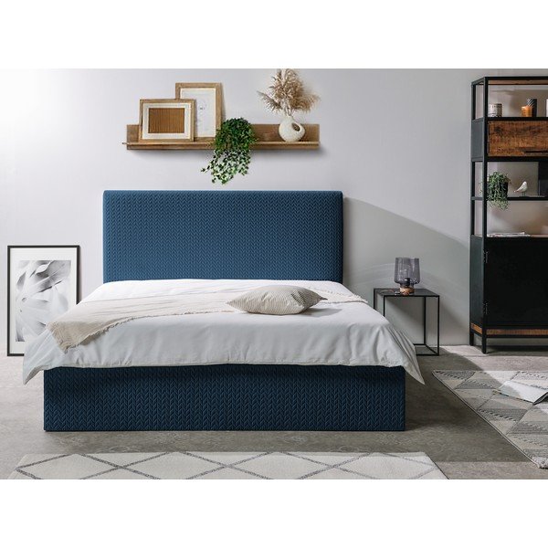 Синьо тапицирано двойно легло с място за съхранение с решетка 160x200 cm Adele - Bobochic Paris-image-2