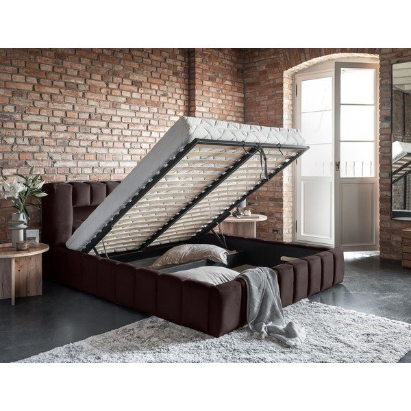 Тъмнокафяво тапицирано двойно легло с място за съхранение и включена подматрачна рамка 180x200 cm Lamica – ELTAP-image-4