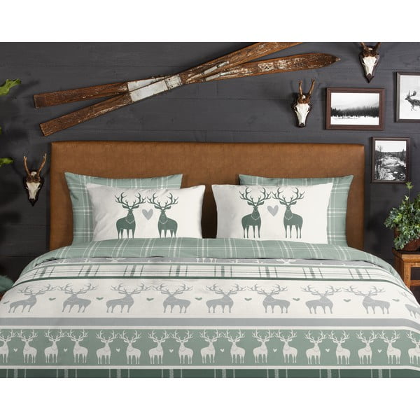 Зелено-кремаво двойно удължено фланелено спално бельо 200x220 cm Bjirk – Good Morning-image-2