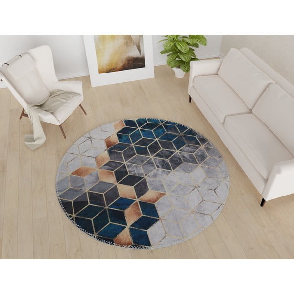 Миещ се кръгъл килим в бяло-петролен цвят ø 100 cm - Vitaus-image-1