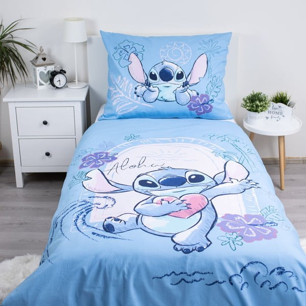 Синьо  единично  памучно детско спално бельо 140x200 cm Lilo and Stitch "Wave" – Jerry Fabrics-image-1