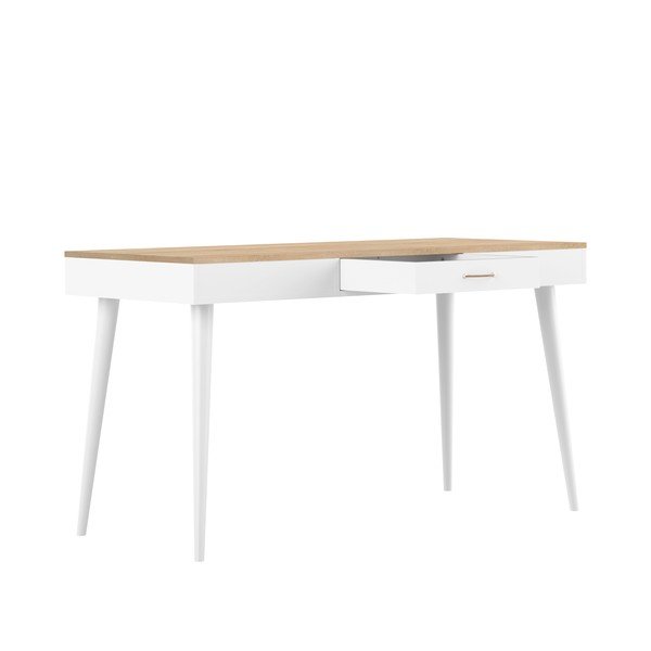 Бяла работна маса с дъбов плот 134x59 cm - TemaHome-image-3