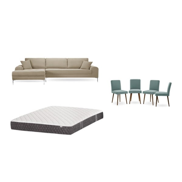 Комплект от сив и бежов диван с ляв фотьойл, 4 сиви и зелени стола и матрак 160 x 200 cm - Home Essentials