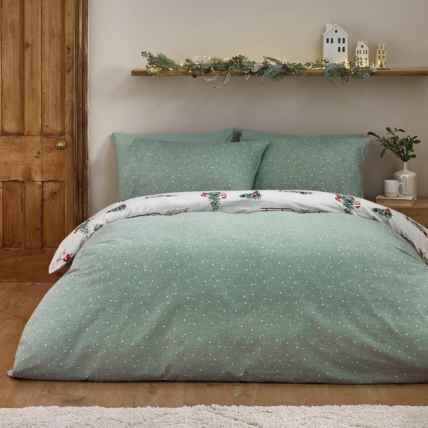Зелено/в естествен цвят двойно  фланелено спално бельо 200x200 cm Brushed Christmas Dogs – Catherine Lansfield-image-1